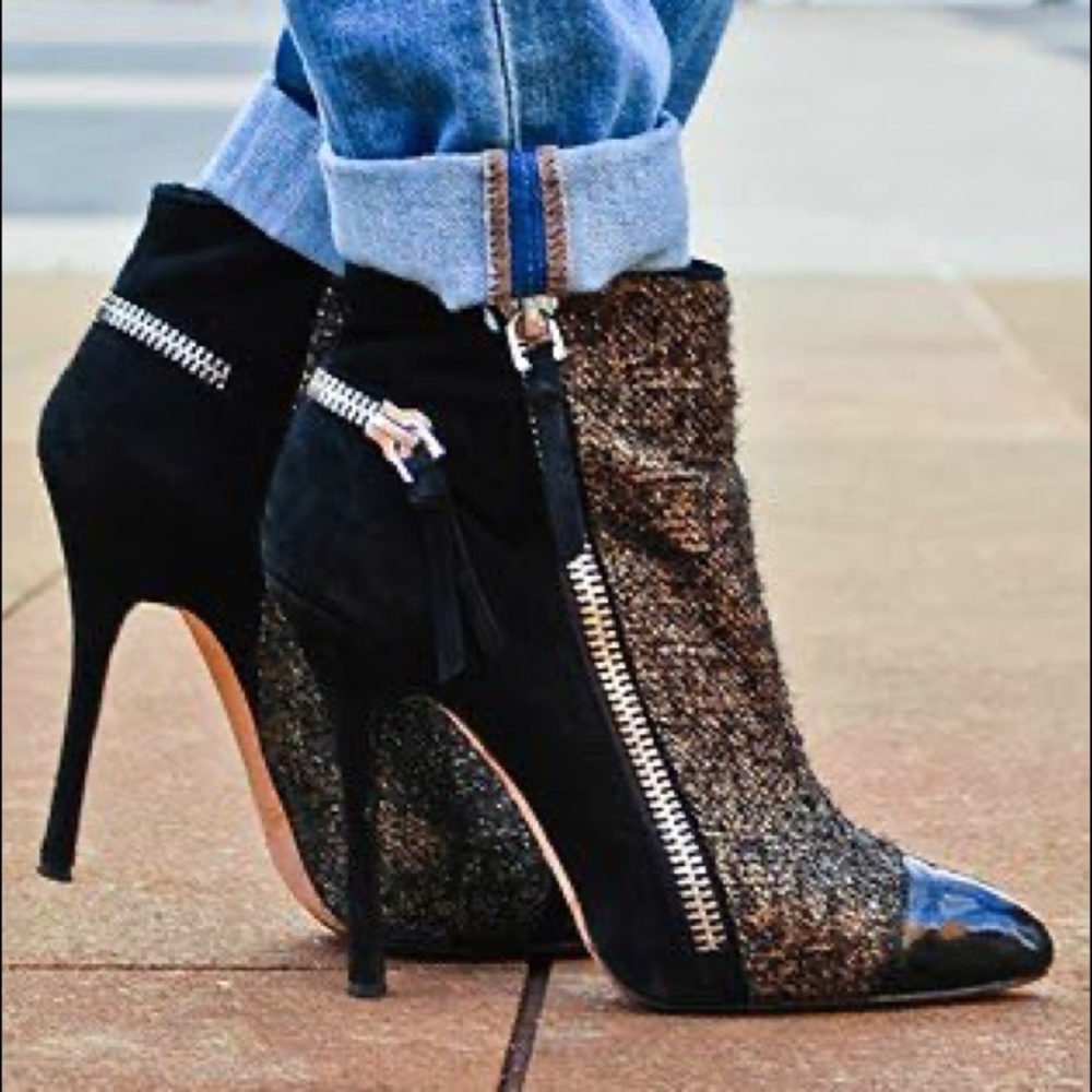 Jean Michele Cazabat Black and Gold Tweed Bootie